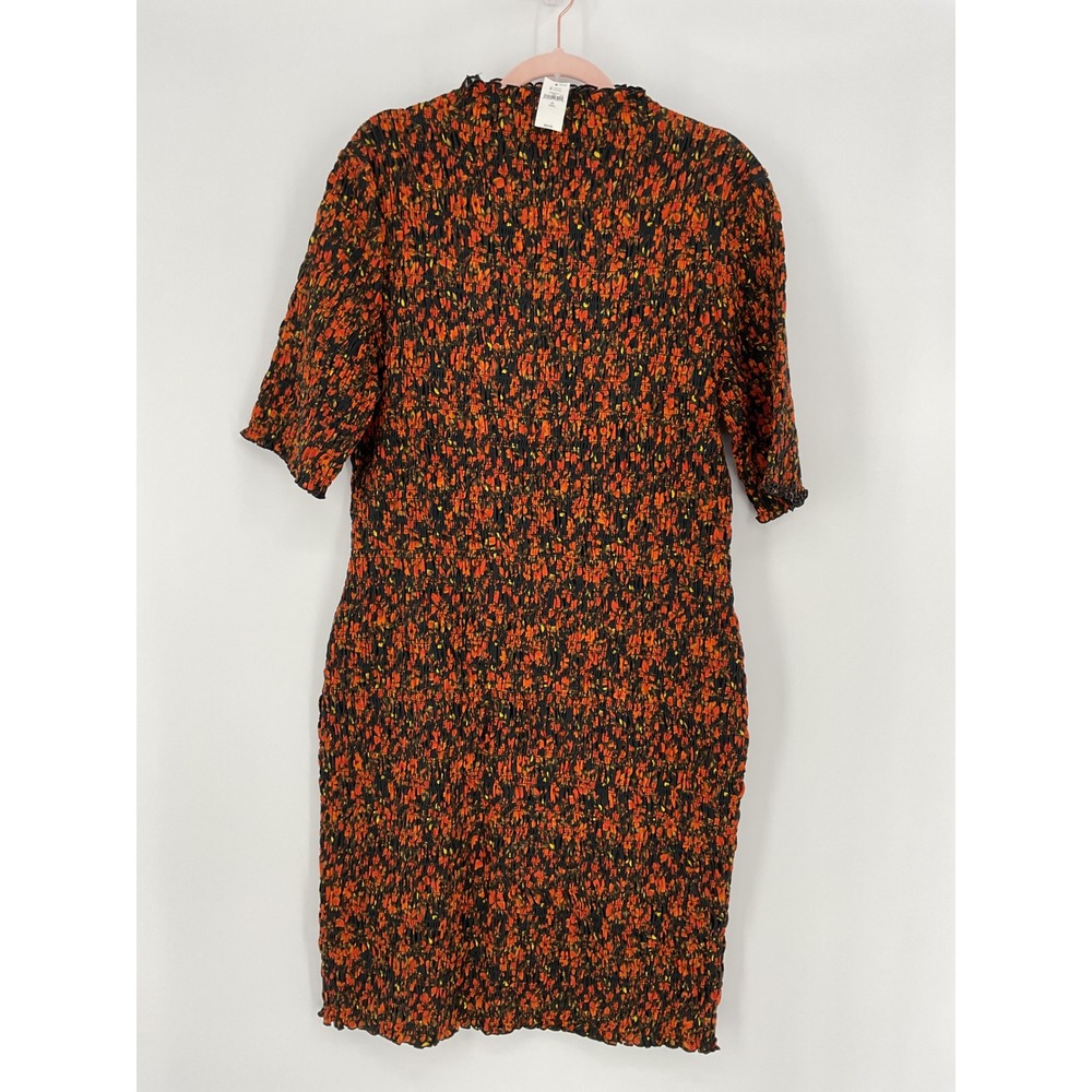 Gap Smocked Midi Dress XL Tall Orange Blk Floral Mock Neck Short Sleeve NWT $70